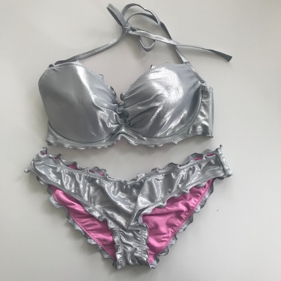 SunDazed 34 DD Bra cup solid silver metallic underwire top set shirred ruffled - Picture 4 of 13